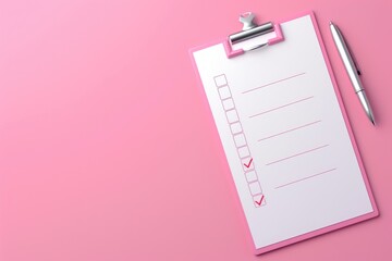 Test Illustration. White Clipboard with Checklist in Three-Dimensional Render on Pink Background