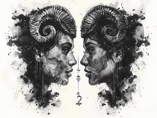 Gemini zodiac sign as an ink drawing on white paper