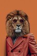 © Armir - An image of a lion in a retro outfit with sunglasses, leaning against an invisible wall on a solid coral background, exuding a cool and charismatic vibe.