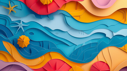 Wall Mural - A colorful paper cutout of a beach scene with umbrellas and a starfish