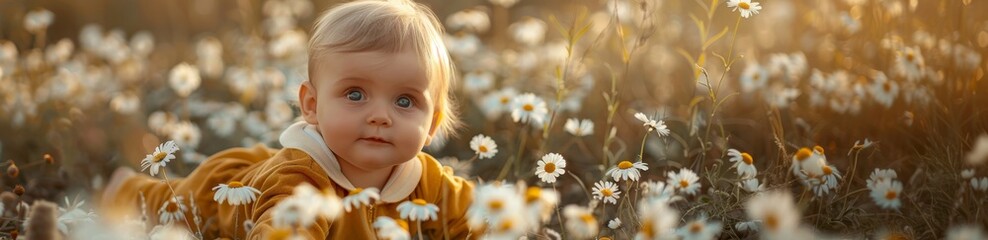 Baby lying in a field of daisies. Close-up of child among flowers with soft sunlight. Banner with copy space