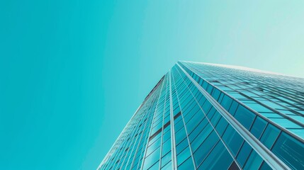 Wall Mural - Newly completed skyscraper towering against a clear blue sky with a multitude of windows reflecting sunlight