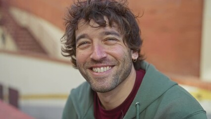 Sticker - Smiling young hispanic man with a beard standing outside in an urban setting, exuding a casual, approachable vibe.