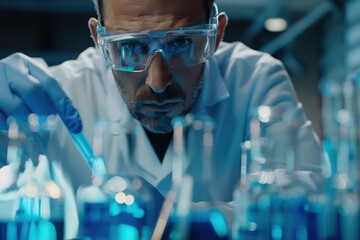 scientist in laboratory analyzing blue substance in beaker