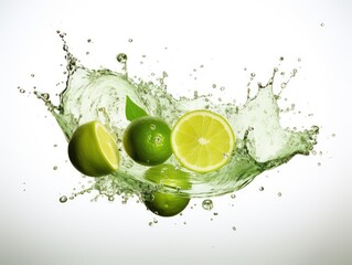 Wall Mural - sparkling water with green limes flying, splash transparent water, white background