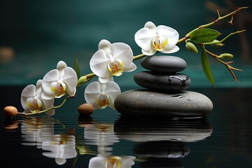 Spa stones, bamboo branches and white orchid