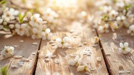 Wall Mural - white blossoms and soft brown wooden table flooring, cherries tree flowers, spring and summer background