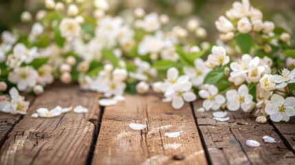 Wall Mural - white blossoms and soft brown wooden table flooring, cherries tree flowers, spring and summer background