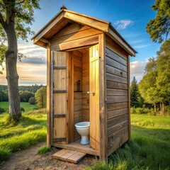 Wooden Outhouse With Toilet. Generative AI