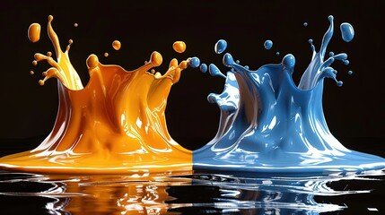  Two oranges and blue liquids splash together on a black background, reflecting in the floor below