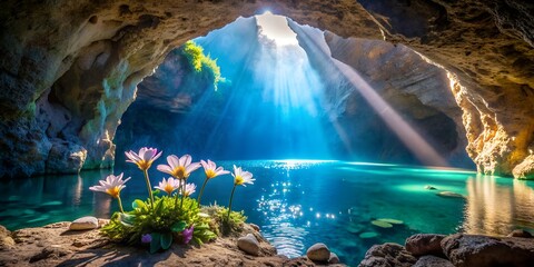 In a deep cave there is a lake with crystal water, and beautiful daisies grow on the ground, the sun's rays shine everywhere in the cracks of the cave. background, wallpaper