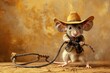© Armir - A humorous composition featuring a mouse dressed as a cowboy, wearing a cowboy hat and boots, posing with a lasso against a solid tan background, with room for creative additions.