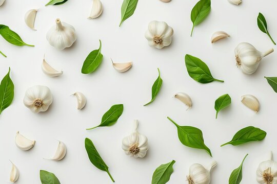 creative garlic with leaves pattern isolated on white background top view flat lay photo