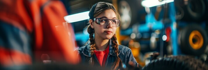 a female auto mechanic in glasses standing in front of a machine, discussing repair options with a c