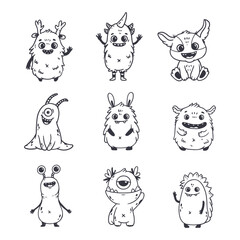 Wall Mural - big set of cartoon monsters. cute monsters in doodle style. kids funny character design for posters,