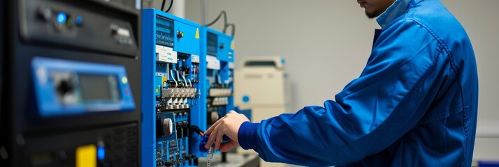 Wall Mural - A candid shot of an electronics technician in a laboratory, testing electronic equipment while wearing a blue jacket