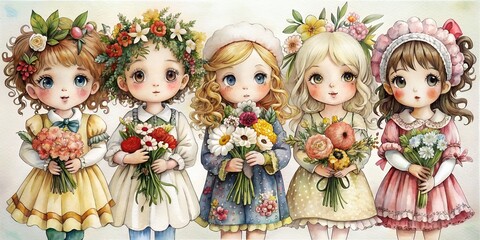 Wall Mural - Little dolls with bouquets of flowers in their hands, Illustration for a flyer, notebook, book, postcard, greeting card, wallpaper, cute background,