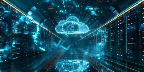 Fototapete - Team Collaborating Around a Cloud Symbol, representing innovation and technology in business operations, highlighting cloud computing and digital solutions, Generative AI