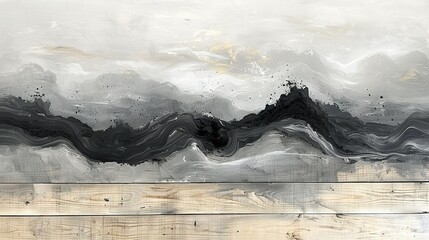 Wall Mural -   Wooden panel with white clouds and black and white painting in background