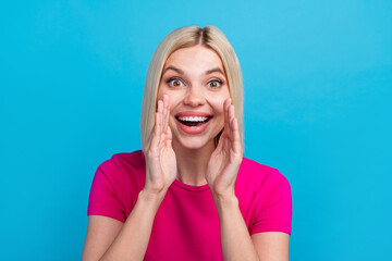 Sticker - Photo portrait of lovely young lady share secret shocked dressed stylish pink clothes isolated on blue color background