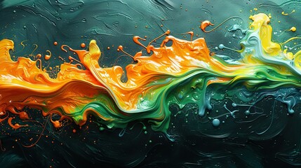   A painting of vibrant orange, green, and yellow swirls on a dark canvas with water droplets splashing in the foreground