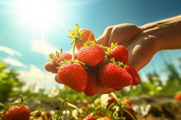 Wall Mural - shot of strawberries being picked by hand under the intense summer sun, with dynamic movement and vibrant colors highlighting the peak of summer