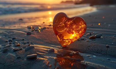 Wall Mural - Heart shaped amber on sand on the beach at sunset