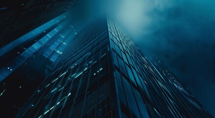 Wall Mural - Close up of a modern glass skyscraper office building at night, in a film still from the movie directed