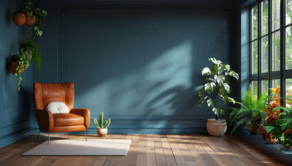 Wall Mural - Modern interior of living room with leather armchair on wood flooring and dark blue wall
