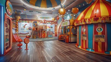 Wall Mural - A gym interior with a carnival theme, featuring circus tents, carnival games, and colorful decor. realistic