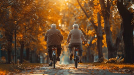 Two fun-loving seniors bike together in the fall to stay fit and healthy. Active elderly couple on bicycles