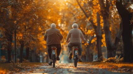 Wall Mural - Two fun-loving seniors bike together in the fall to stay fit and healthy. Active elderly couple on bicycles