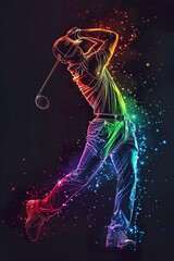 Rainbow magical glowing adorable PGA player hit ball, character drawing.