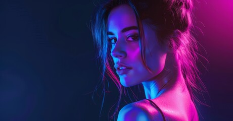 Wall Mural - Close up of a young woman with glowing skin, looking over her shoulder to the camera, dancing in a dark room illuminated in the style of neon light blue and violet on a black background