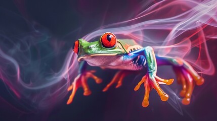 Wall Mural -   A vibrant frog with a ruby-red eye perched atop a cloud of pink and blue smoke against a dark backdrop