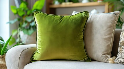   Green cushion resting on white sofa beside potted plant on wooden tabletop