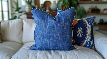 Wall Mural -   A blue cushion resting on a white sofa beside a potted plant perched atop a wooden tabletop