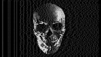 Poster - Glitched CCTV Noise White Line Skull. Black and White Skull with Scanline VHS Glitch Effect Vector Illustration. Human Skull Symbol isolated on Black Background.