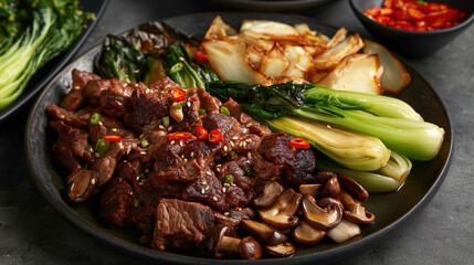 Wall Mural - Sichuan-style beef with mushrooms and bok choy, served on a black plate, accompanied by a kimchi side dish against a dark grey background in a closeup shot