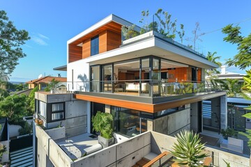 Wall Mural - : A contemporary urban suburban house with a boxy design, rooftop terrace, and a mix of concrete and glass materials, located in a vibrant city suburb.