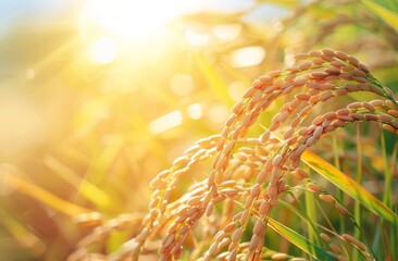 Wall Mural - Closeup of golden rice ears in the sun, with a background of green paddy fields and clear sky