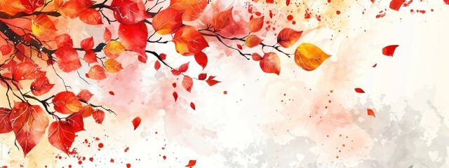 Wall Mural - Poster design. Minimalism, empty space decorated with autumn red-yellow leaves. Watercolor texture background.