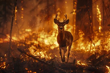 Deer in a forest fire. Climate change and global warming. Natural disaster, wildlife and wildfire concept. Design for banner, poster