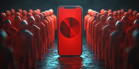 Poster - Red Data Revolution: A Smartphone Displaying a Pie Chart Amidst Rows of Red Figures, Signifying Powerful Data Analysis, Generative AI