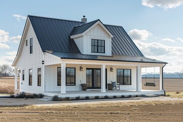 : A modern farmhouse suburban house with a white board and batten exterior, black metal roof, and a large front porch with a swing, surrounded by open fields.