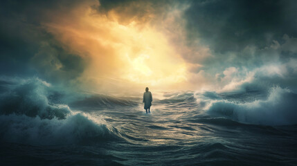 Jesus walks on the waters of the sea in the middle of a storm Biblical theme concept. Generative AI