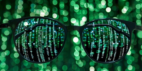 Fototapete - code reflections in glasses: a modern representation of software development and digital innovation,