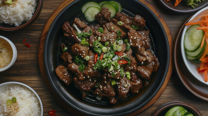 Korean style beef or Mongolian beef  in a black dish, with rice and cucumber side dishes on a wooden table, in a top view