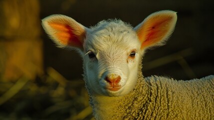 Wall Mural -   A sheep's face, blurred background, wooden fence