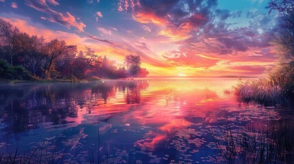 Wall Mural - An image of a vibrant sunset over a serene lake, with colorful reflections shimmering on the water realistic